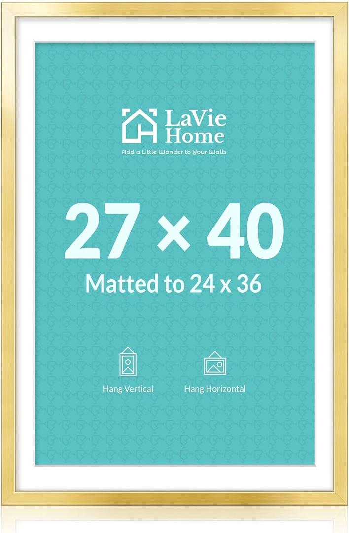 27x40 Picture Frame Gold Poster Frame,Display Pictures 24x36 with Mat or 27x40 Without Mat, Frame and Polished Plexiglass, Horizontal and Vertical Format of The Walls