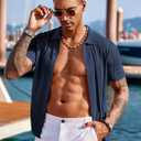 COOFANDY Men's Knit Shirts Short Sleeve Button Down Polo Shirt Fashion Casual Summer Beach Shirts (Blue, L)
