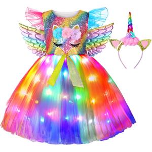 Girls Unicorn Costume LED Light Up Unicorn Dress Up Birthday Gifts Princess Dress for Halloween Party (5-6 Years)