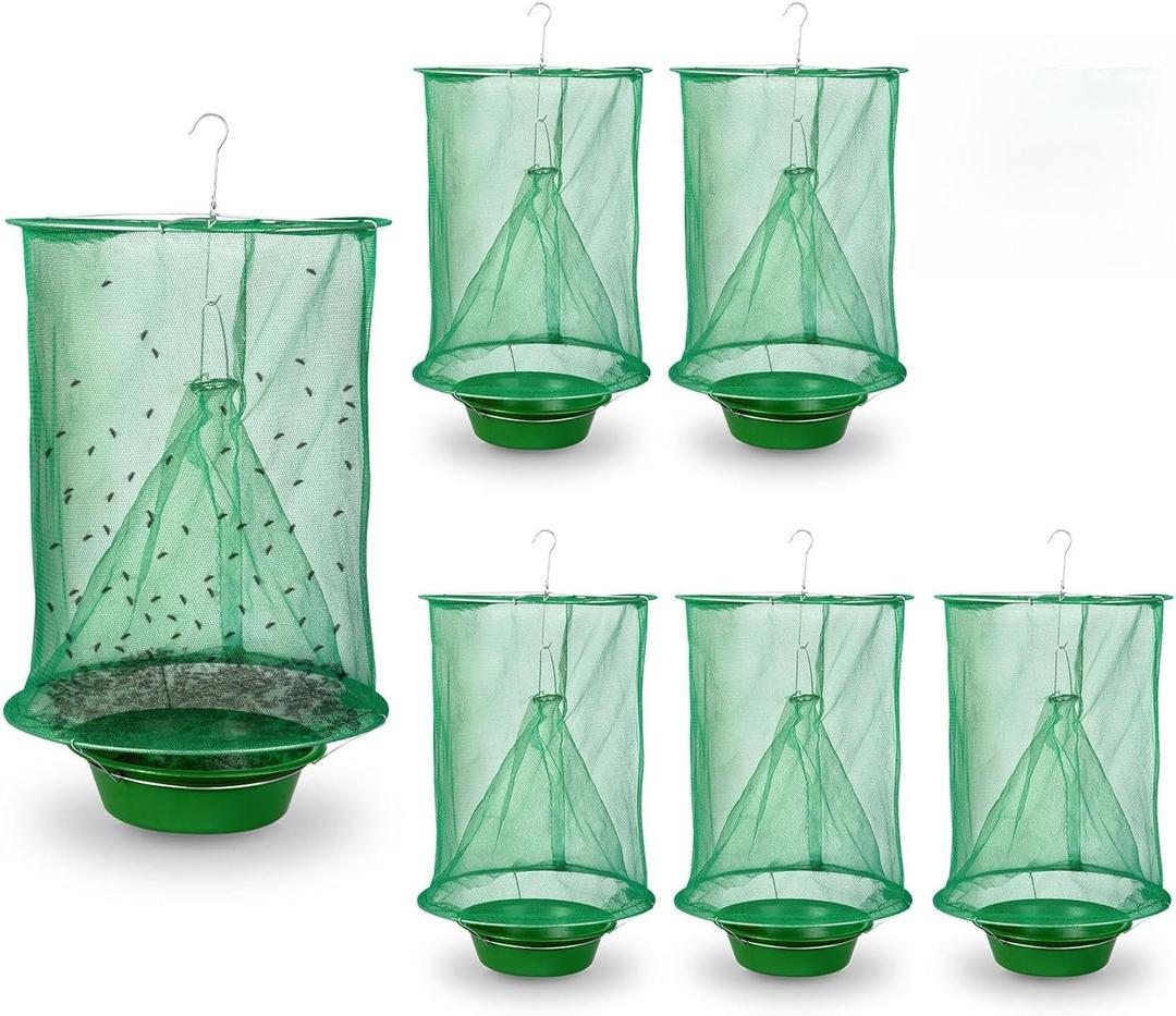 6 Pack Fly Traps Outdoor Hanging, Ranch Fly Traps with Food Bait Tray, Fly Catcher Cage for Indoor or Outdoor Family Farms, Park