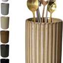 TOPYOKK Stoneware Coffee Bar Utensil Holder Tea & Coffee Spoon & Stirrer Holder for Stir Stick Straw Teaspoon Holder Spoon Cup Small Utensil Jar Fluted Vertical Stripe (Rustic Brown)