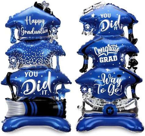 Jenaai 2 Pcs 37" Blue and Silver Graduation Caps Foil Balloons Giant Self Standing Congrats Grad Diploma You Did It Theme Balloons for Class of 2026 Graduation Party Decoration Supplies