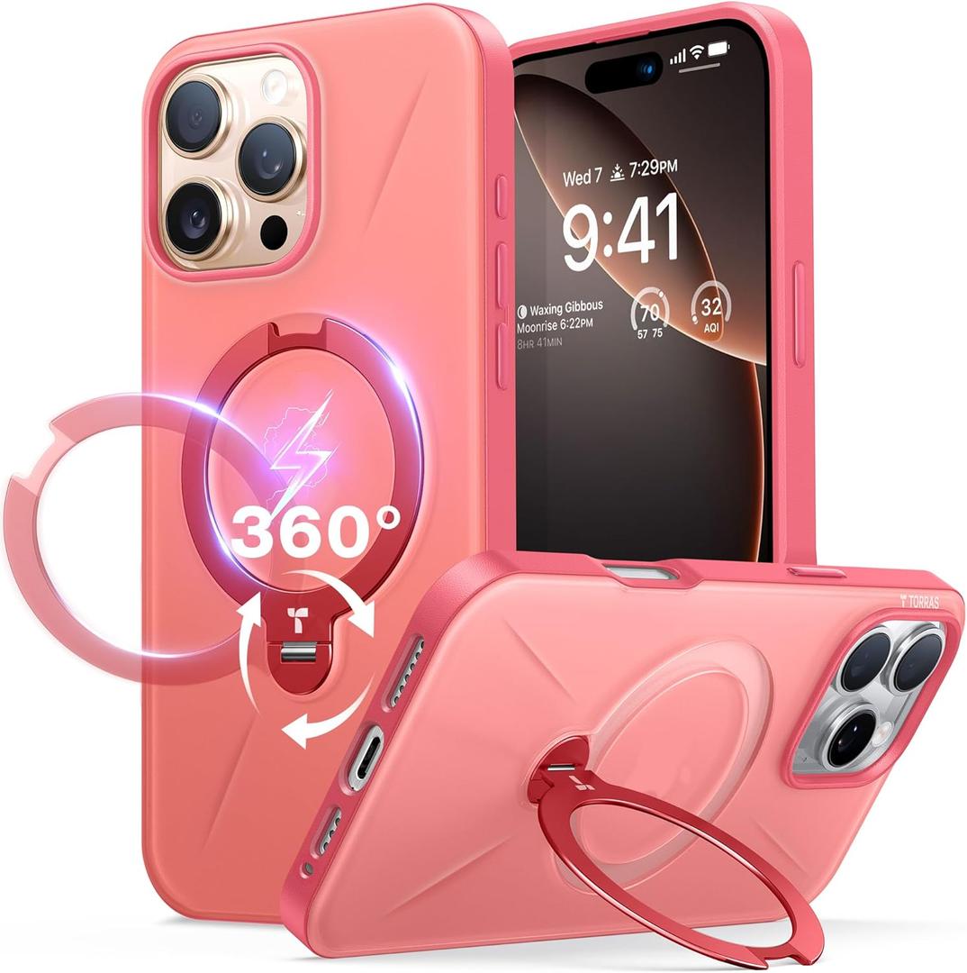 TORRAS Upgraded 360 Spin Magnetic Stand for iPhone 16 Pro Case, Fit for MagSafe, Built-in Kickstand & Ring Holder, Mil-Grade Protective Soft Edge Slim Case for iPhone 16 Pro, Coral Pink, 6.3''
