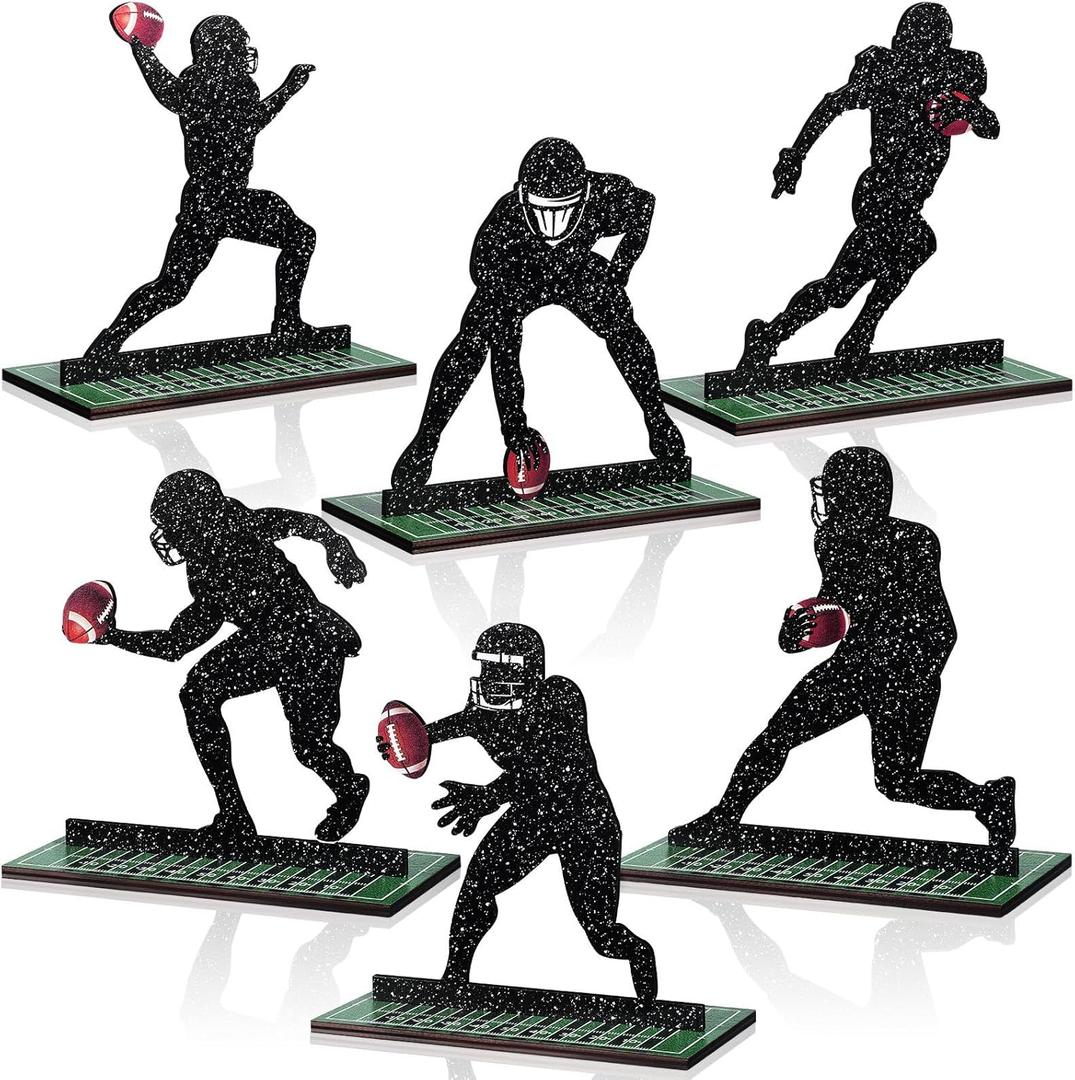 Geetery 6 Pcs Football Party Table Decoration Wooden Sports Table Sign Football Player Silhouette Centerpieces Rugby Tiered Tray Decor for Fans Club Sport Birthday Tailgate Party Supplies