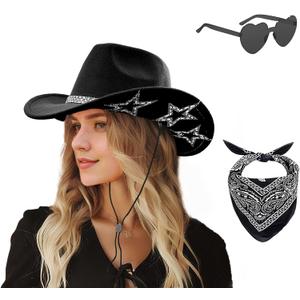 SHENYI Cowgirl Hat and Bandana and Heart Sunglasses Glitter Rhinestone Star Cowboy Hat Western Sparkly Hats for Women Men (One Size-Medium, Black)