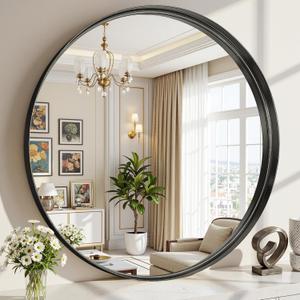 Round Bathroom Mirror, 24 Inch Black Circle Mirror with Metal Deep Frame, Round Mirrors for Wall Decor, Vanity, Entryway, Living Room