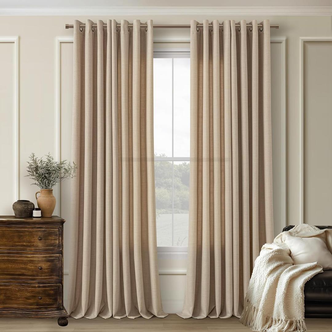 Tan Brown 96 Inch Linen Curtains 2 Panels Set Grommet Light Filtering Burlap Dark Flax Drapes Boho Farmhouse Semi Sheer Window Curtain 96 Inches Length for Hallway Living Room Sliding Patio Door