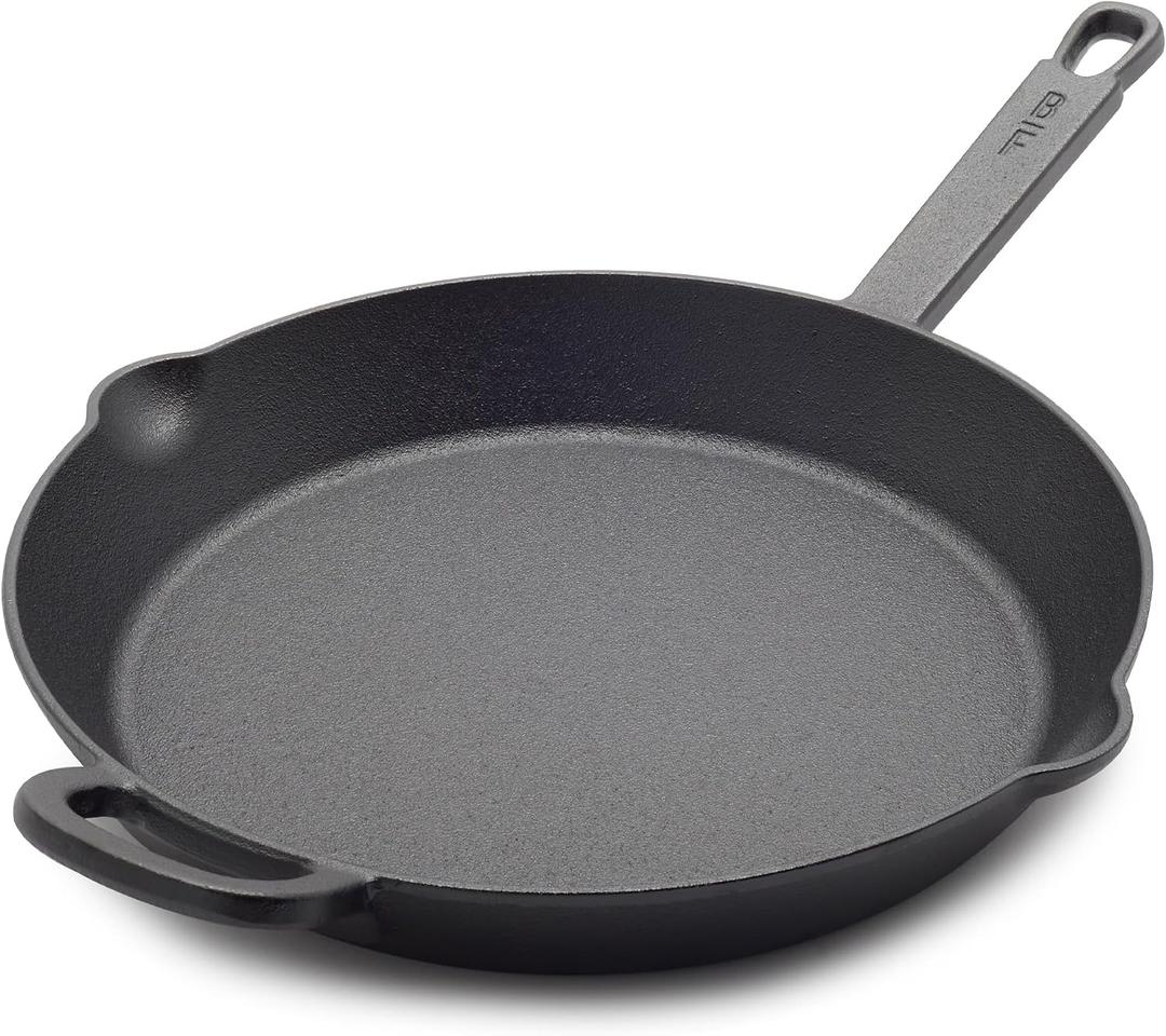 GreenPan x Bobby Flay 12 Cast Iron Pre-Seasoned Skillet with Helper Handle, Professional Grade Heavy Duty, Induction, Pour Spouts, Versatile Stovetop, Oven, BBQ Grill Fire, Indoor/Outdoor Use, Black