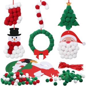 Realspring 24 Sets Christmas Pom-poms Craft Kit DIY Pom Pom Ornament Craft Bulk Christmas Tree Snowman Stockings Santa Wreath Candy Canes Xmas Poms Decor Fun Home Activity Classroom Party