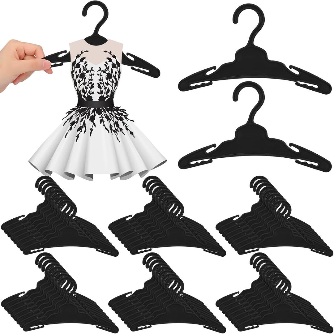 Soulchen 50 Pcs Doll Clothes Hangers for 18 Inch Dolls, Black Plastic Clothes Hangers with Non-Slip Clips, Space-Saving Wardrobe Accessories for Gown Dress Outfit