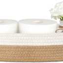 Mkono Small Storage Basket for Toilet Tank Top Boho Bathroom Decor Woven Rope Toilet Paper Tray Organizer for Shelf Bedroom Living Room, Brown and White, 1 Pack, 13" L x 6" W