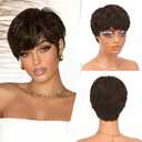 PEACOCO Pixie Cut Wig Human Hair Short Wigs for Black Women Natural Straight Glueless Pixie Wig with Bangs Layered Virgin Short Wigs for Women Color 2# (244)