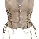 Floerns Women's Sleeveless V Neck Button Crop Vest Lace Up Front Vintage Denim Vest (Medium, Khaki)