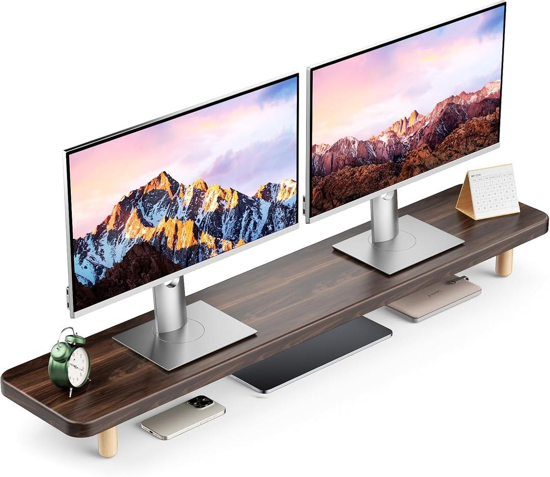 Dual Monitor Stand Riser, 39 Inch Extra Long Wooden Desktop Monitor Riser with Storage for 2 Monitors Ultra Strong Desk Shelf Organizer Riser Ergonomic for 2 Screens/Laptop/PC/TV/Printer (Dark Walnut, 39inches)