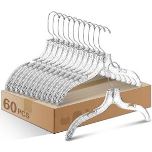 Wesiti 60 Pack Clear Plastic Hangers Bulk for Clothes 17" Crystal Cut Hangers for Coats Shirts Suits Clothing Store Home Closet(Classic)