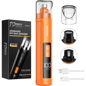 Dog Nail Grinder Upgraded - Professional 3-Speed Super Quiet and Low Vibration Electric Pet Nail Grinder with 4 LED Lights - Painless Paws Grooming & Smoothing for Small to Large Dogs (Orange)