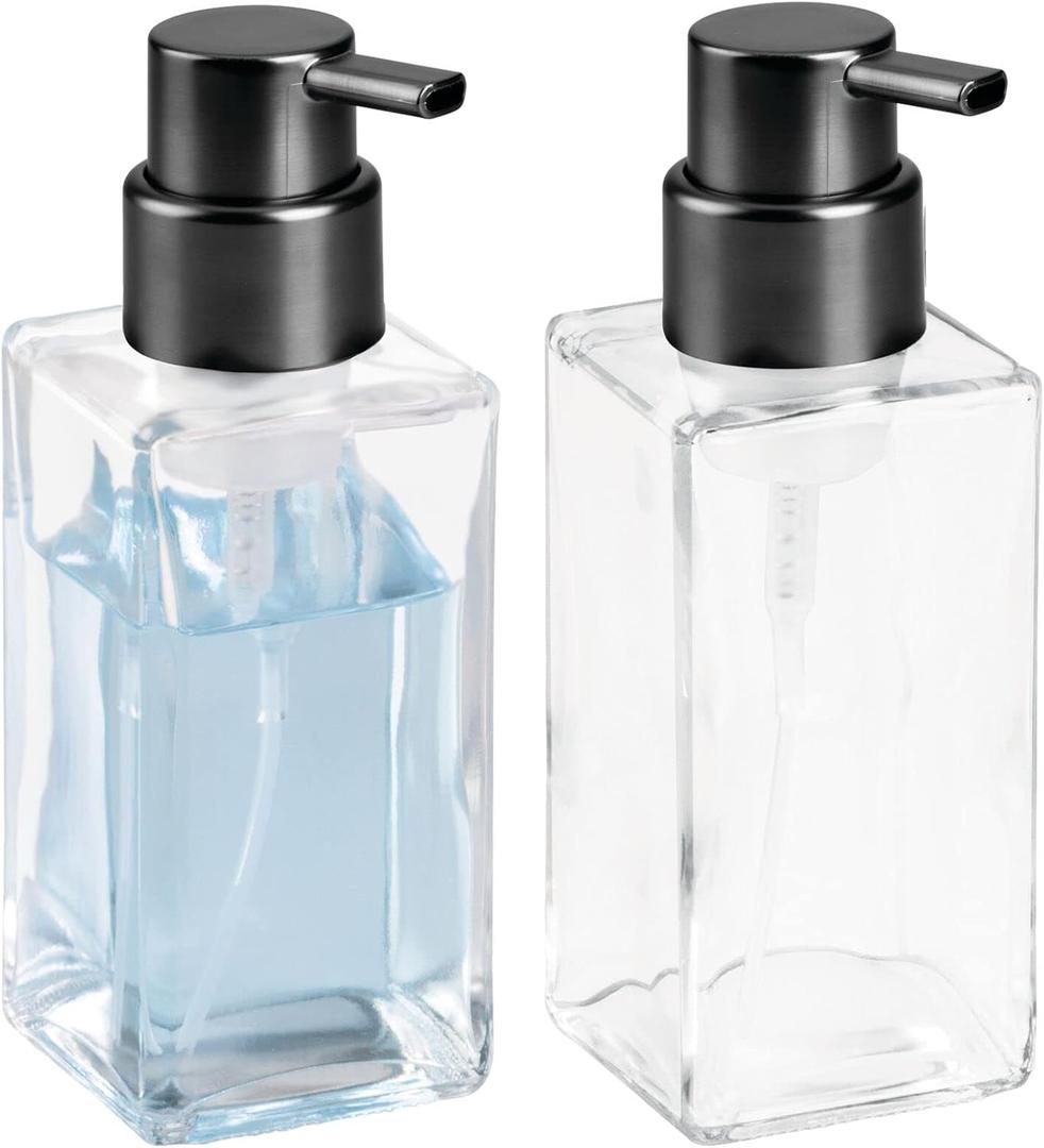 mDesign Glass Refillable Foaming Hand Soap Dispenser Modern Square Pump Bottle for Bathroom Vanities or Kitchen Sink, Countertops - 2 Pack - Clear/Black