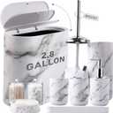 InnJoey Bathroom Accessories Set, 9-Piece Marble White Bathroom Set, White Bathroom Accessories with Slim Trash Can, Soap Dispenser, Toilet Brush, Toothbrush Set, Qtip Holders