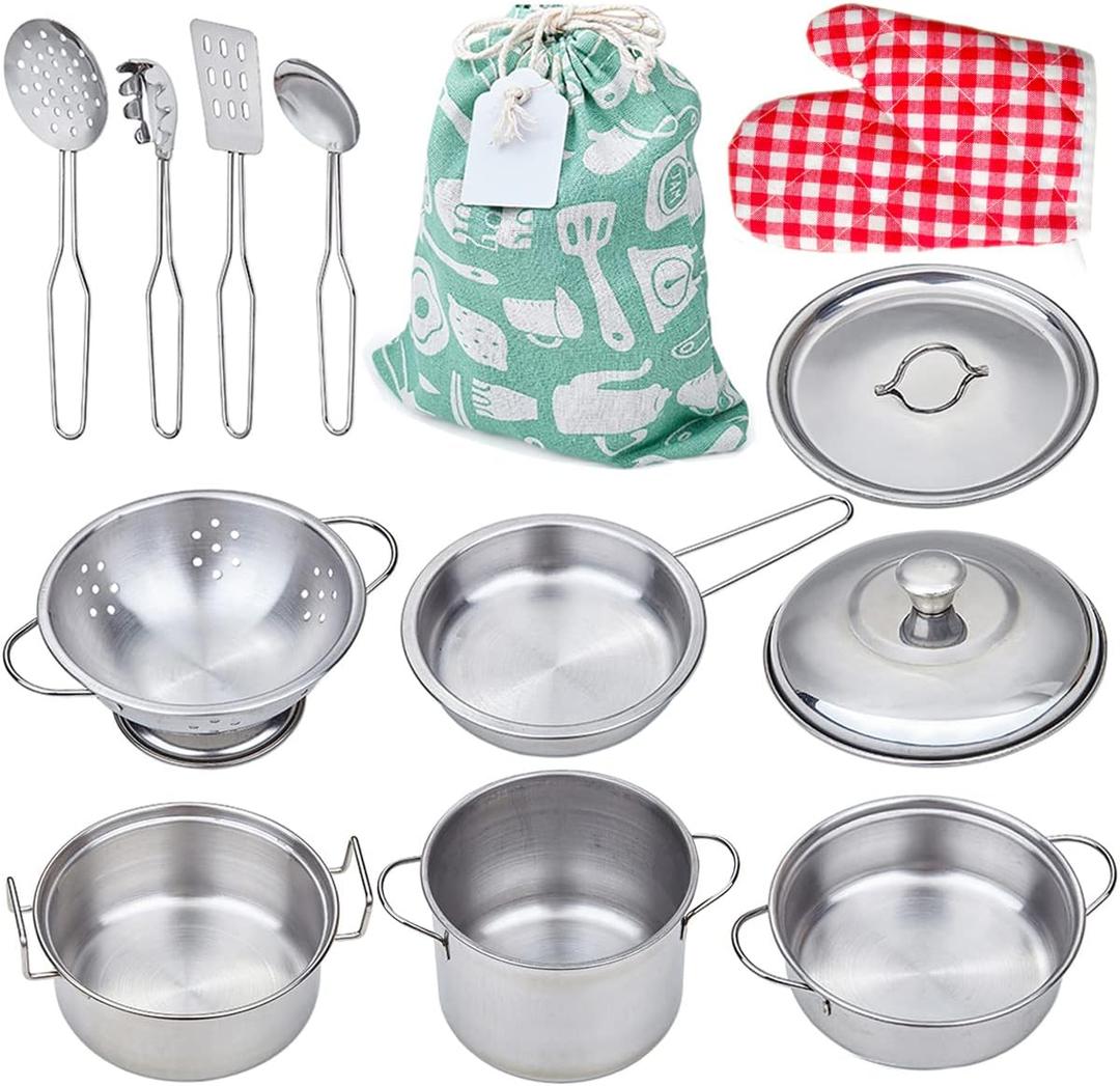 Play Pots and Pans Toys for Kids, Kitchen Playset Pretend Play Toys - Pretend Cookware Mini Stainless Steel Cooking Utensils Development Toys for Toddlers, Girls, Boys Ages 3 Years and up