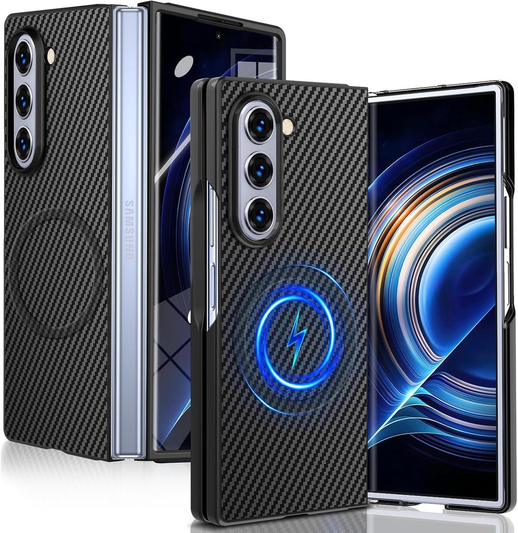 Magnetic for Samsung Galaxy Z Fold5 Case with Carbon Fiber Texture Design,Wireless Charging [PC] Military-Grade Shockproof case Cover for Z Fold 5[Grey] MUS-TQCX-03-04