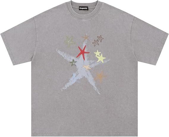 Evepaster Oversize Star Print Tees Vintage Washed Graphic T Shirts Short Sleeve Y2K 90S Summer Unisex Streetwear Tops Grey, Medium