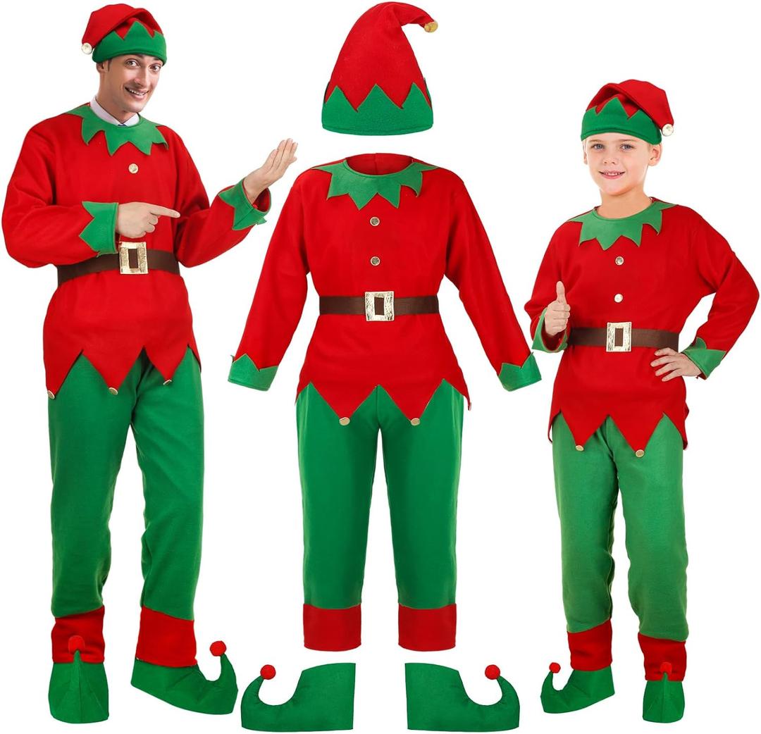 Newcotte Christmas Elf Costume Set Kids Adult Elf Costume Suit Santa Hat Dress Stocking Shoe Belt Xmas