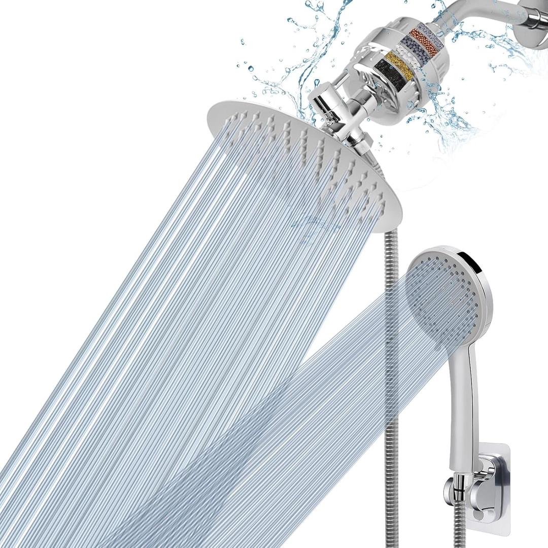 NearMoon Filtered Shower Head, High Pressure 8Round Rain Shower and 5 settings Handheld Shower Filter Combo with Self-adhesive Holder/1.5M Hose -1 Replaceable Filter Cartridge (Chrome Finish)
