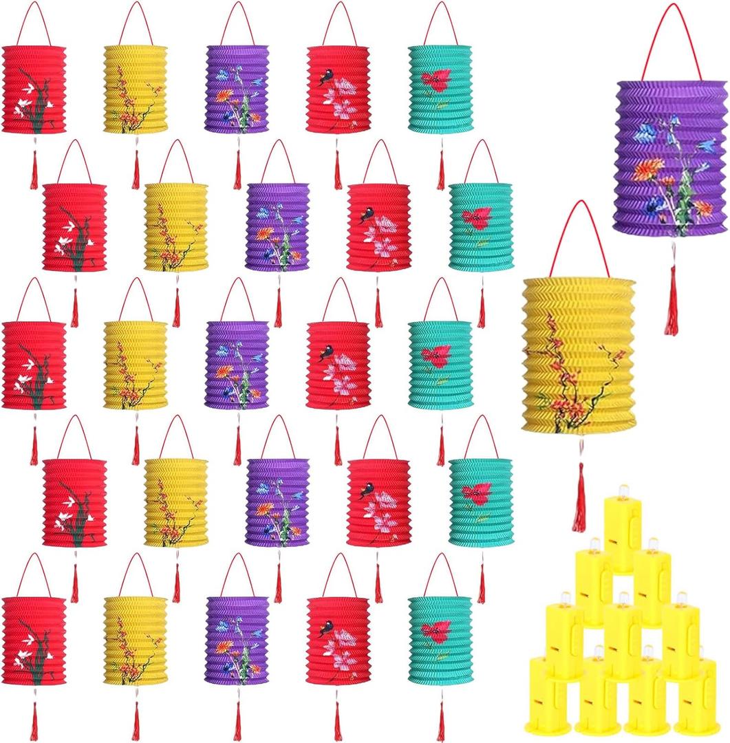 30 PCS Chinese Paper Lanterns with Lights - Flower Bird Design - DIY Accordion Lanterns - Middle Autumn Festival, Chinese New Year Decoration - Red, Yellow, Blue, Pink