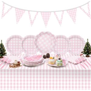 LemonRoad 102 Pcs Gingham Party Supplies Set Pink Checkered Disposable Paper Plates, Napkins, Forks, Tablecloth Banner for Xmas Picnic Pizza BBQ Dinner Birthday Wedding Party Decorations Serve 25