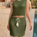 Fisoew Womens 2 Piece Crochet Sets Sleeveless Crop Tops Cover Up Beach Mini Skirt Outfits Vacation Sets (Green, M)