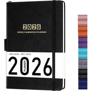 Planner 2026-2027 - Jan. 2026 - Dec. 2026, Planner 2026, 12-Months 2026 Planner Weekly and Monthly, 5.75" x 8.25", Saffiano Leather with Thick Paper, Back Pocket with Notes Pages (Dark Black C)