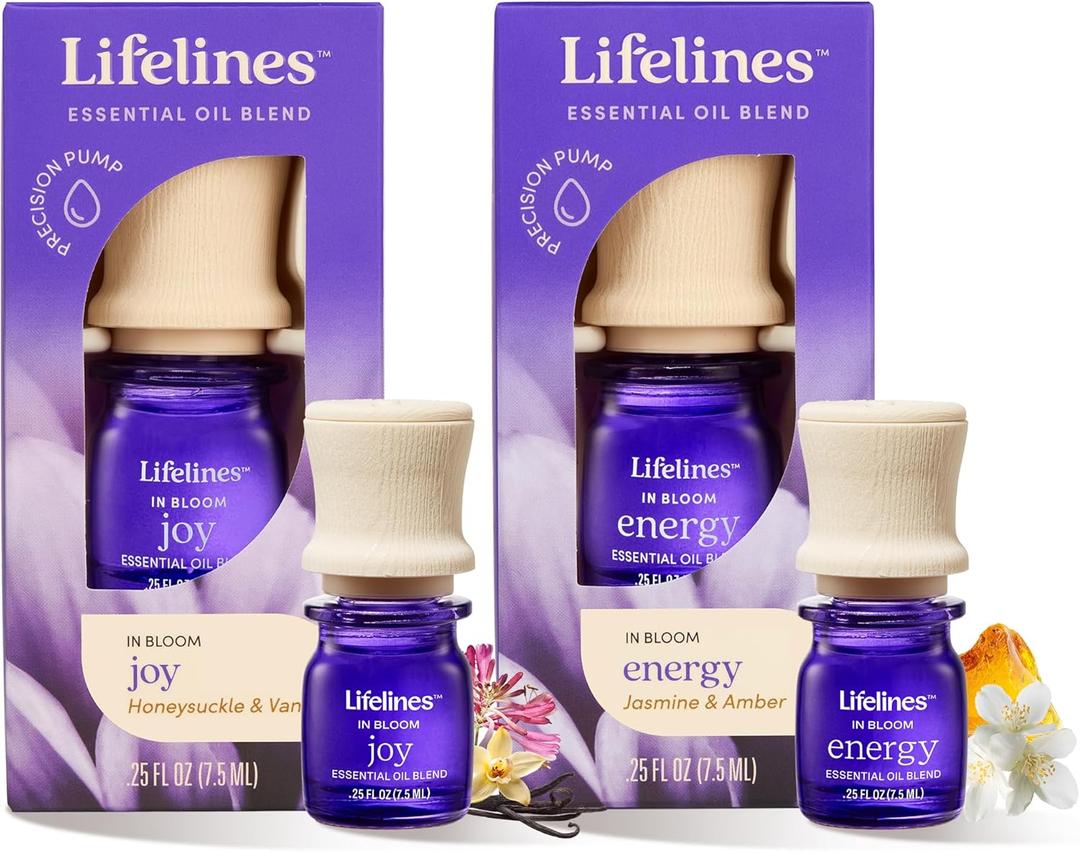 Lifelines Essential Oil Blends, 2-Pack - Blended Essential Oils with Mess-Free Precision Pump for Aromatherapy Diffusers - Long-Lasting Scented Fragrance - in Bloom (Joy & Energy)
