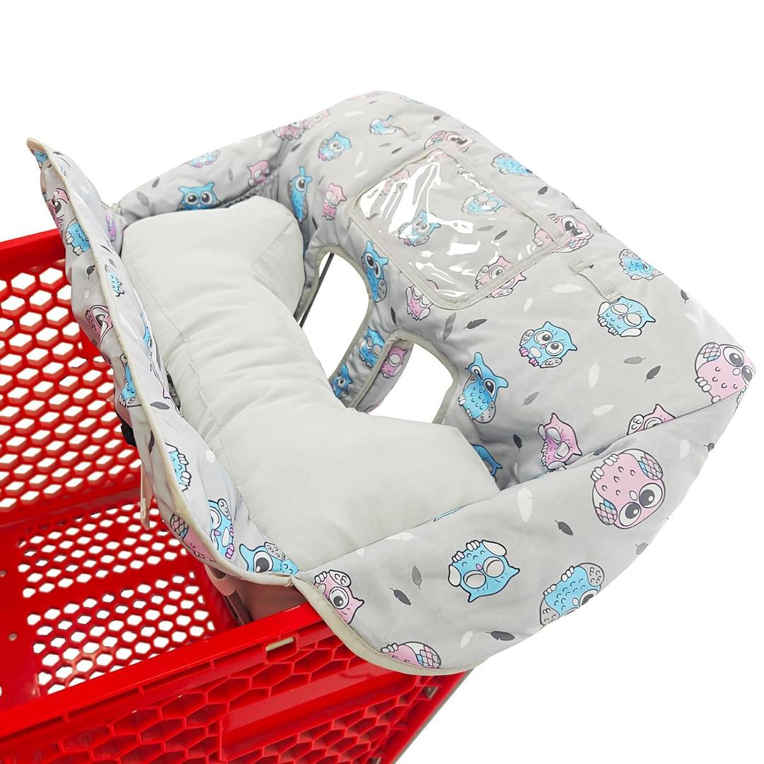 Soft Pillow Attached 2-in-1 Shopping Cart and High Chair Cover for Baby, Cotton Padded Cart Cover, Fold'n Roll Style, Portable with Carry Bag (Gray Owl)