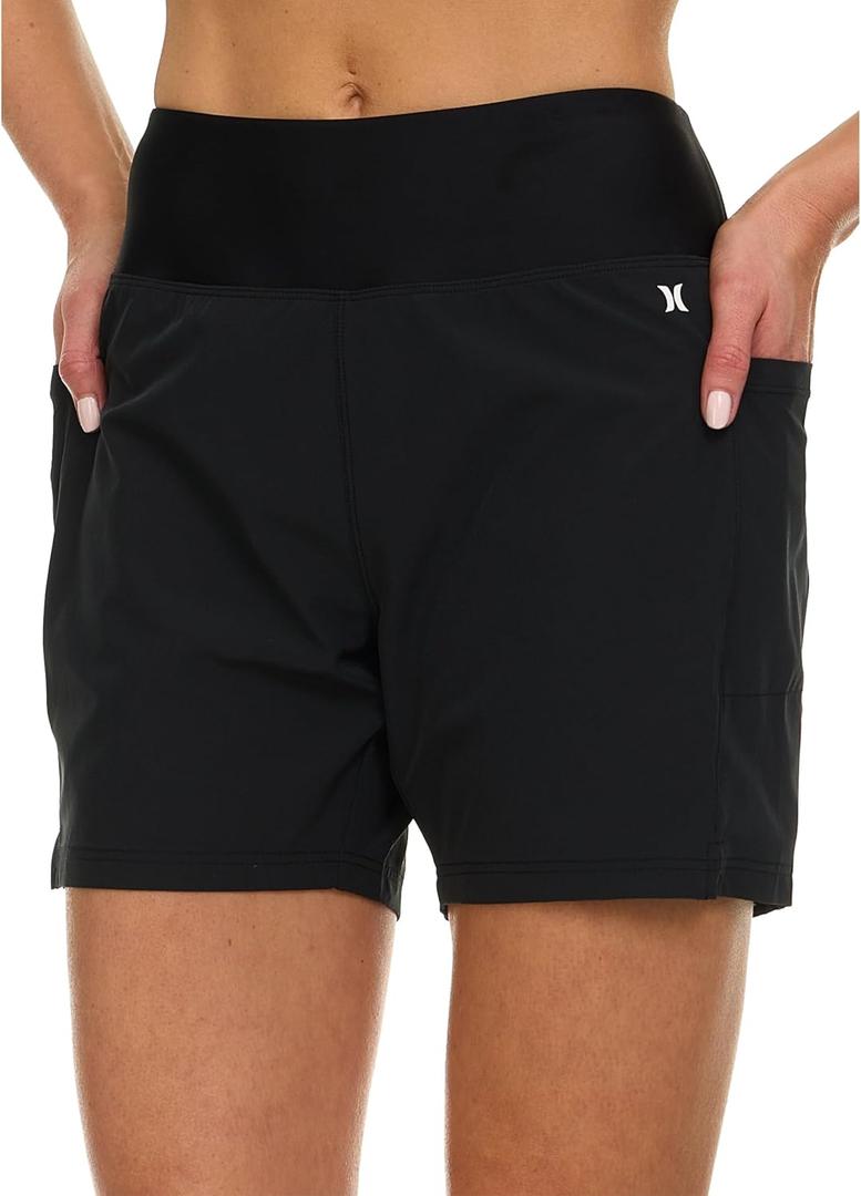 Hurley 5"/7" High Waisted Swim Shorts Women, Board Shorts with Pockets & Inner Liner, Quick Dry Swim Trunk, UPF 50+, Black, Medium