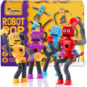 nutty toys Sensory Robot Toys 4pk - Top Pop Tubes Fidget 2025 for ADHD & Autism Ages 3 4 5 6 7 8 9 10 11 12, Best Kids Travel Idea, Unique Christmas Toddler & Tween Gift Idea & Boy Stocking Stuffers