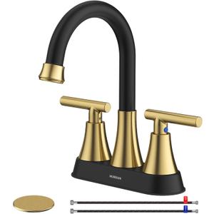 Bathroom Faucets for Sink 3 Hole, Hurran 4 inch Black and Gold Bathroom Sink Faucet with Pop-up Drain and Supply Hoses, Stainless Steel Lead-Free Centerset Faucets for Vanity RV