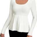 Women's Scoop Neck Peplum Sweater Long Sleeve Cable Knit Dressy Casual Pullover Tops (White, M)