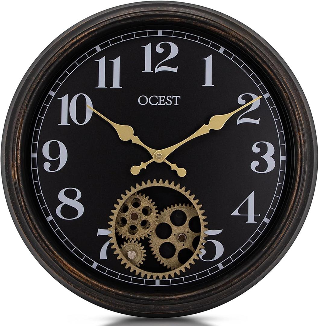 OCEST 15” Industrial Gear Wall Clock – Vintage Steampunk Decor with Moving Gears, Silent Quartz, for Living Room, Farmhouse, Office