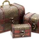 3-Set Wood Treasure Chest Decorative Boxes with Flower Motifs - Vintage Style Small Treasure Box Set for Jewelry, Coin Collection, Bathroom and Home Dcor (3 Sizes)