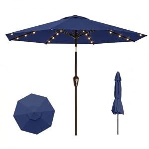 Tobeos 11FT Solar Lighted Patio Umbrella, Outdoor Table Market Umbrellas with Crank Lift, 32 LED Lights, 8 Sturdy Ribs, UV-Resistant for Deck, Garden, Pool, Navy