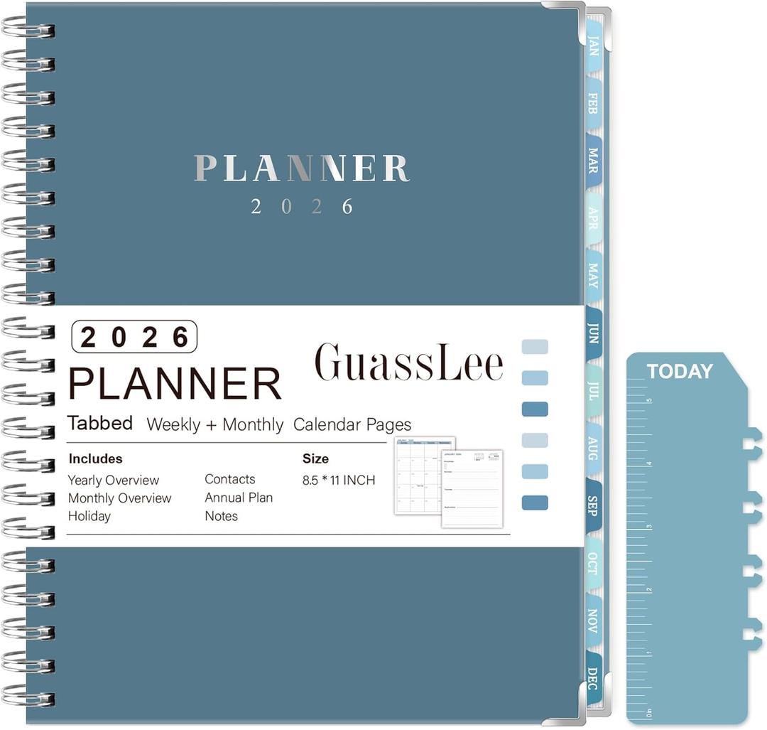 GuassLee Large 2026 Planner, Weekly and Monthly Planner from January 2026-December 2026, 8.5"x 11" Calendar Agenda Book with Back Pocket, Stickers for Home Office School Supplies, A4 Size, Blue