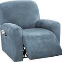 H.VERSAILTEX Velvet Stretch Recliner Couch Covers 4-Pieces Style Recliner Chair Covers Recliner Cover for Reclining Chair Slipcovers Feature Non Slip Form Fitted Thick Soft Washable, Stone Blue
