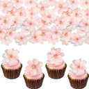 Gyufise 54Pcs Edible Cherry Blossoms Cake Decorations Edible Cherry Blossoms Cupcake Toppers Wafer Paper Flowers Cake Toppers for Baby Shower Kids Birthday Party Cake Food Decorations Supplies Pink