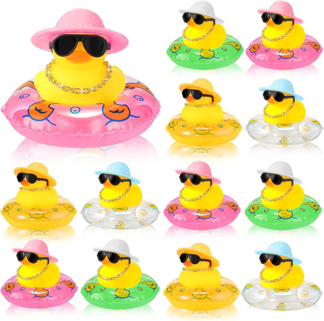 Sotiff Mini Rubber Ducks Bulk for Kids Children Cute Yellow Duck Toy for Dashboard of Car Ornaments with Sunglasses Swim Ring Mini Hat Necklace for Birthday Party Gift(12 Sets,Novelty)