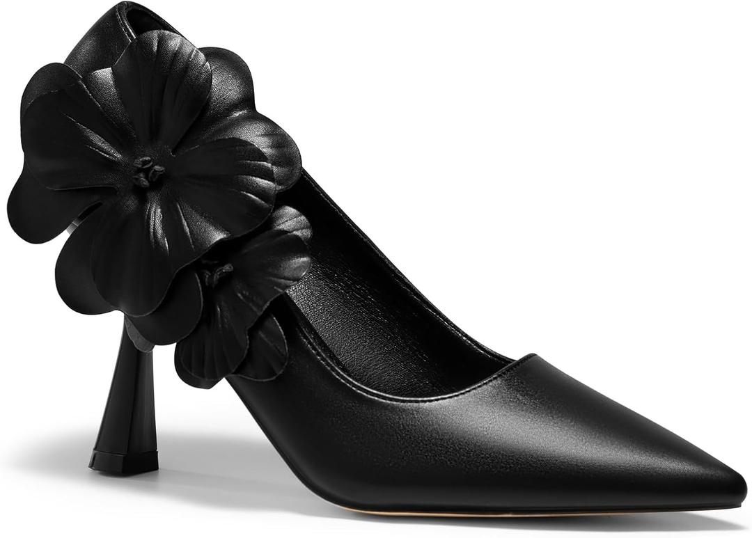 Coutgo Womens Stiletto High Heels Flower Dress Shoes Closed Pointed Toe Slip on Wedding Party Formal Pumps (Black)