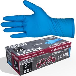 14 Mil Blue Latex Disposable Gloves, Extended Cuff, Powder-Free, Textured Grip | Heavy-Duty Industrial Gloves (Medium)