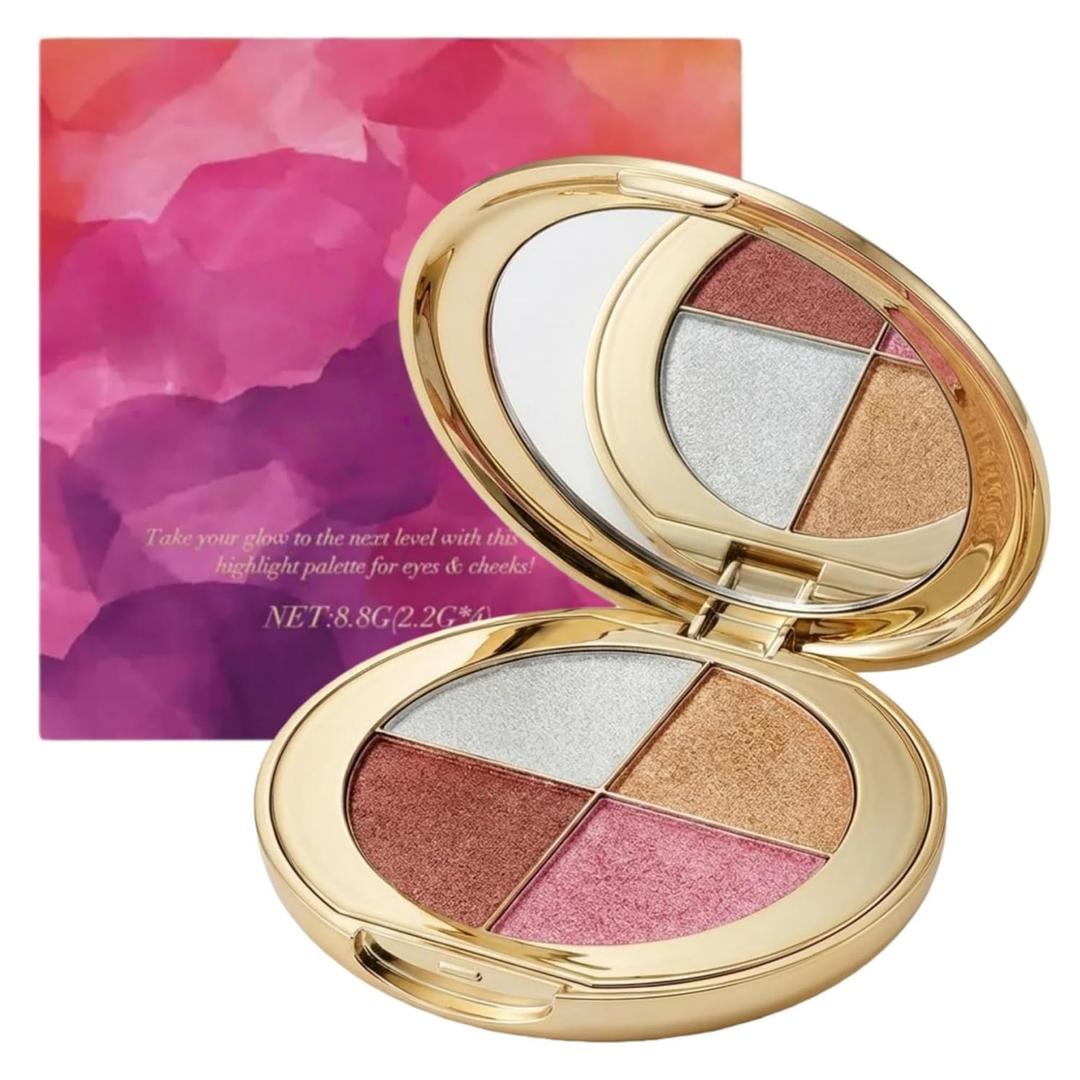 4-Color Highlighter & Blush Palette, Shimmer Eyeshadow Makeup Kit, 2-in-1 Face Illuminator Powder with Mirror, Long-Lasting Diamond Glow Texture, Portable Travel Size for Natural Radiance (Gold)