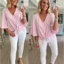 luvamia Women's Casual V Neck Tops 3/4 Sleeve Tie Knot Blouses Solid Button Down Shirts (Pink, M)