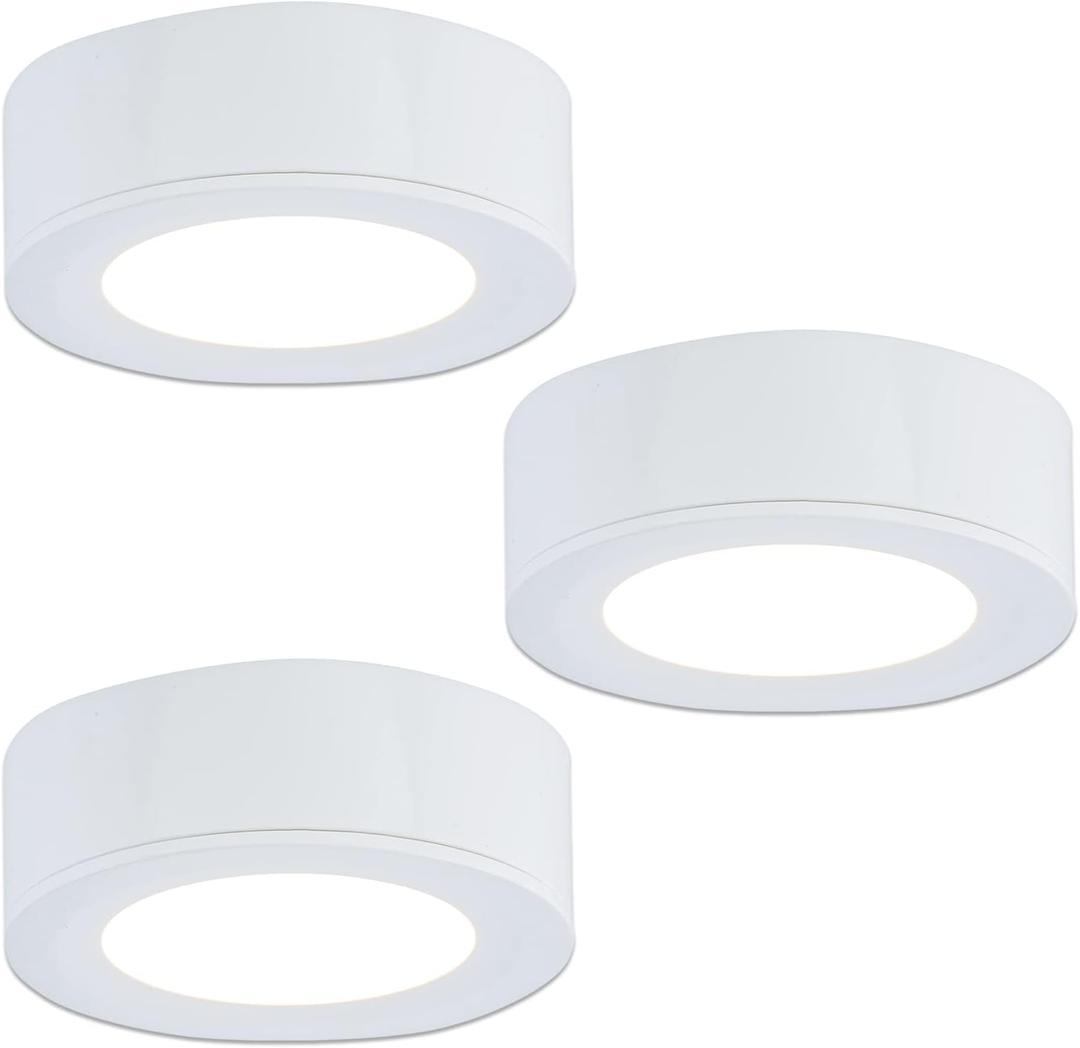 LUMILAND Wired LED Puck Lights (2.7Wx3) Plug-in Lighting Warm White (3000K), LED Cabinet Light for Kitchen Can Be Surface Mount or Recess Mount, White
