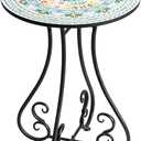 Side Table, 16" Round End Table, Unique Relief Ceramic Tile Tabletop with Metal Frame, Metal Scrollwork Accent Table, Coffee Tea Table Nightstand for Living Room, Bedroom, Indoor Outdoor Use (16" Table, L4r1-natural Green)